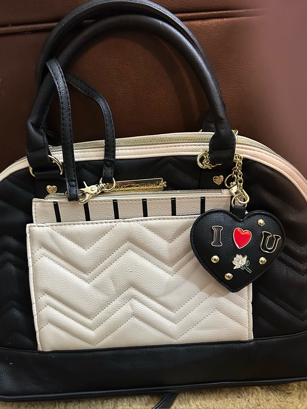 Black and Cream Quilted Dome Satchel with Heart Charm